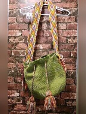 Woven Green Boho Shoulder Bucket Bag with Multicolor Strap